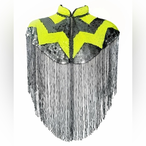 Neon Gunmetal Sequin Fringe Cape - Picture 3 of 4
